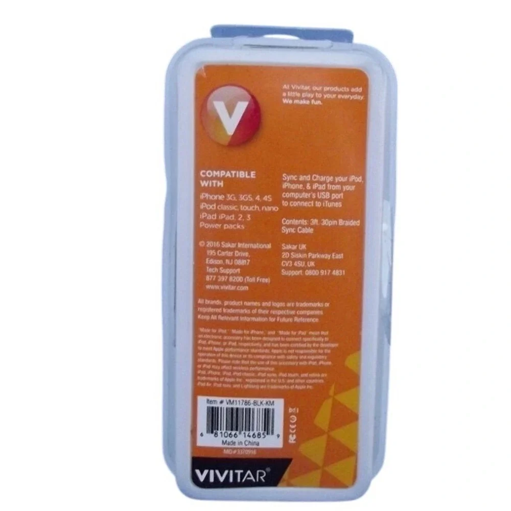 Vivitar 3ft Braided 30-Pin to USB Sync & Charge Cable Black VM11786-BLK-KM NEW